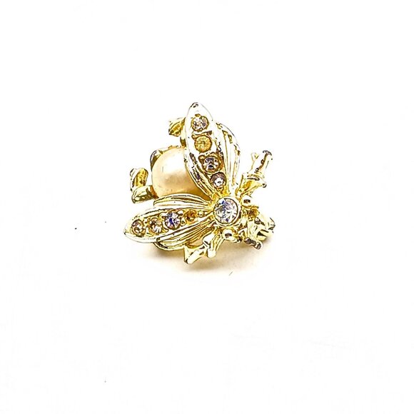 Sweet Vintage Bug Brooch, Tiny Flying Insect Lapel Pin with Faux Pearl Cabochon - Picture 2 of 3